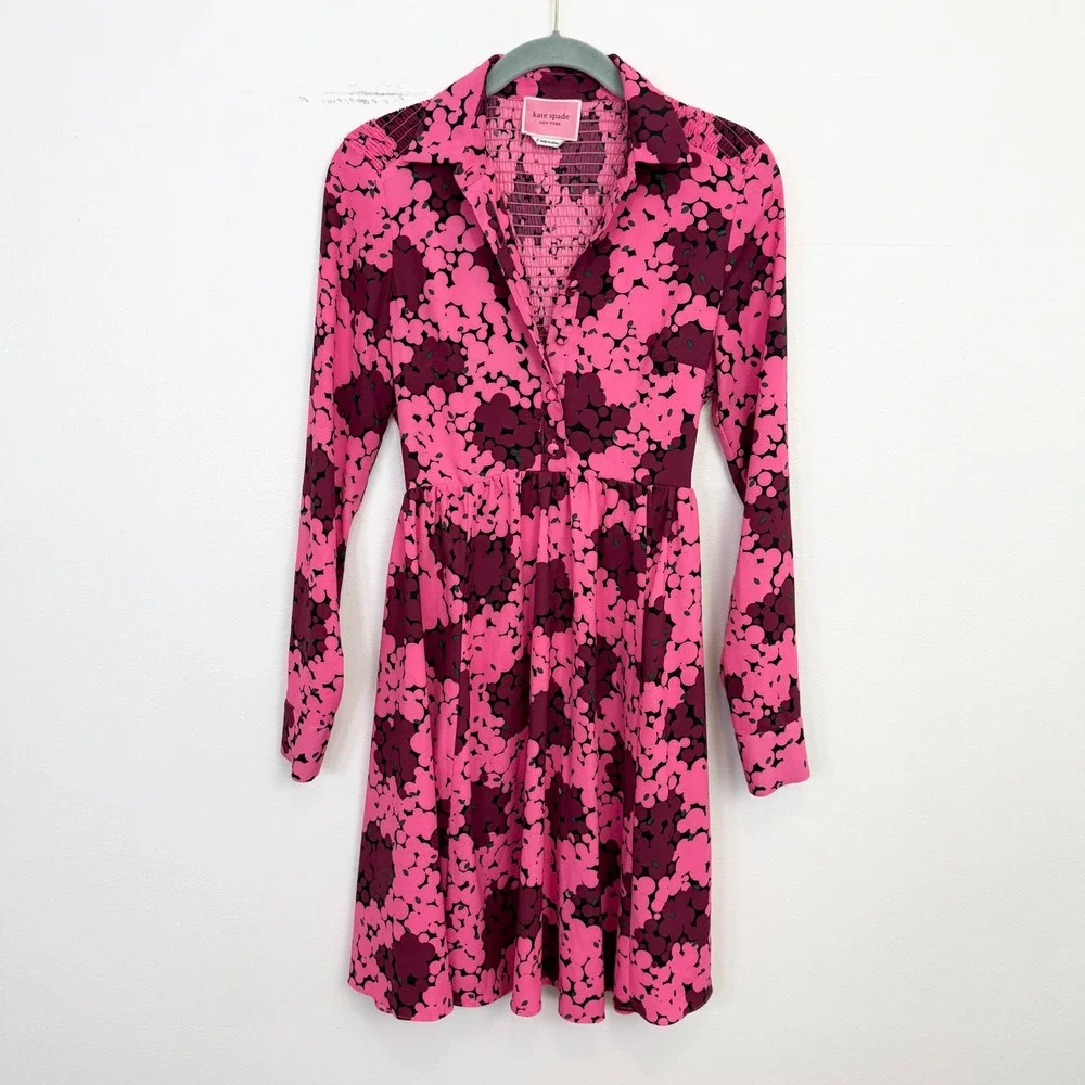 Kate Spade New York Bubble Dot Smocked Shirt Dress Rhubarb Jam Pink Size 0
